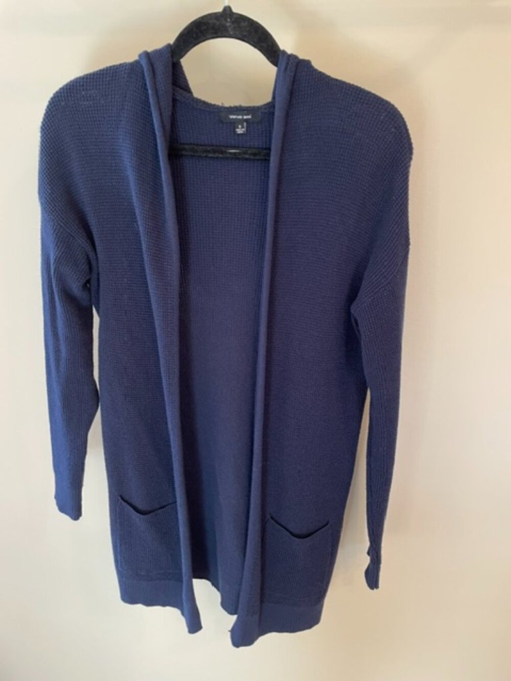 Women's Verve Ami Long Hooded Waffle Cotton Cardigan in Navy. Size Small